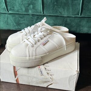 Superga White Canvas Platform Mule Sneakers